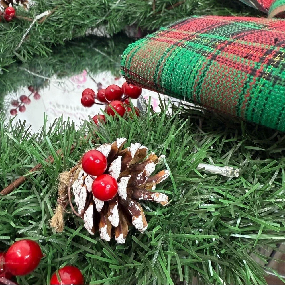 Wreath light up Festive Holiday Wreath acorns Red and Green Plaid Bow lights